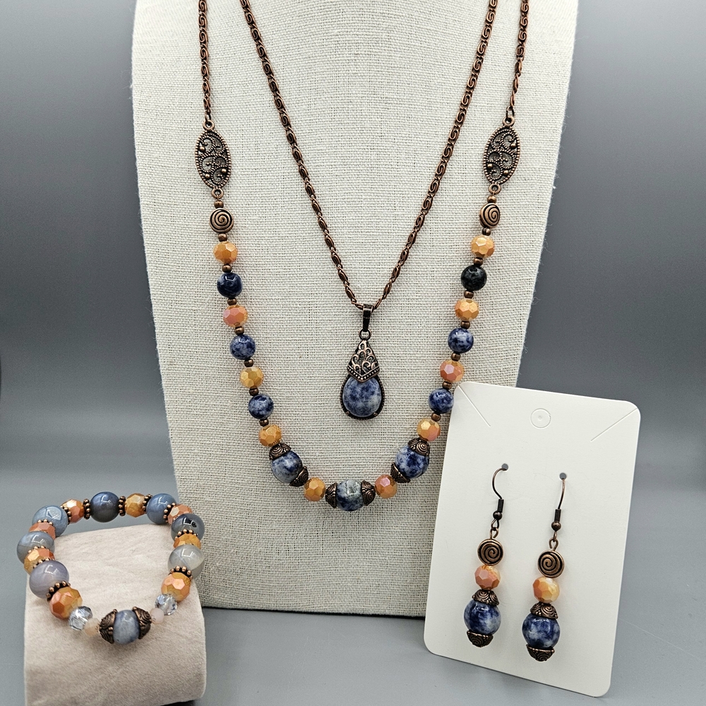 Blue Spot Jasper Beaded 2 Necklace, Bracelet, and Earring Set